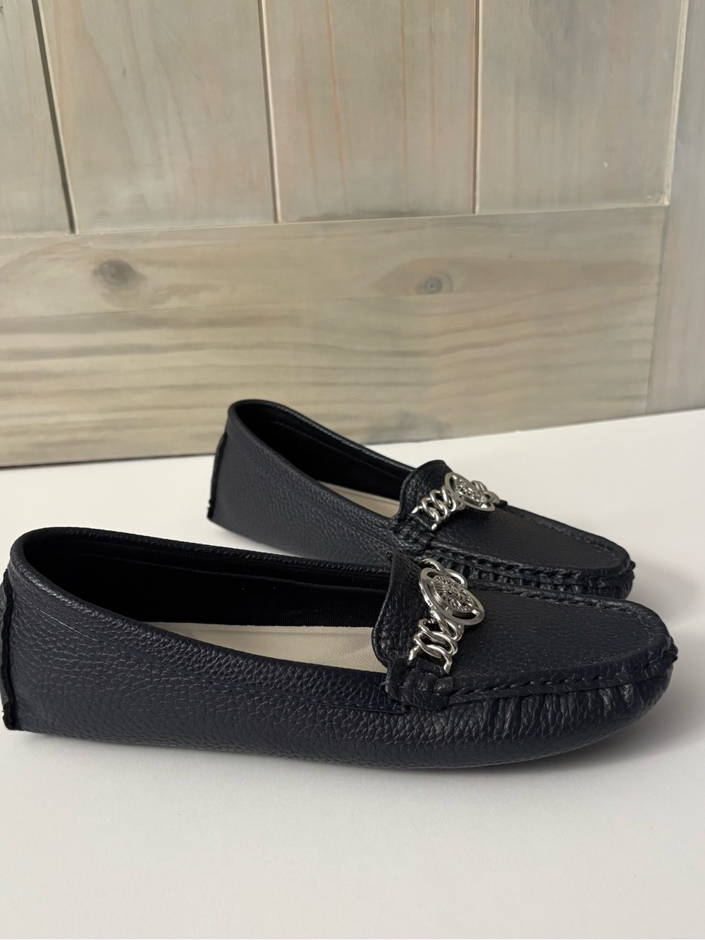 Anne Klein Navy Textured Leather Loafers with Silver Chain-Accent